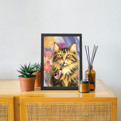 Cat Art Print, Cat Smoking Pipe, Quirky Wall Art A4 Poster, Weird Home Decor