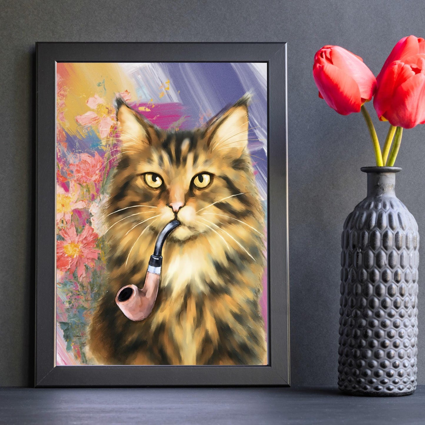 Cat Art Print, Cat Smoking Pipe, Quirky Wall Art A4 Poster, Weird Home Decor