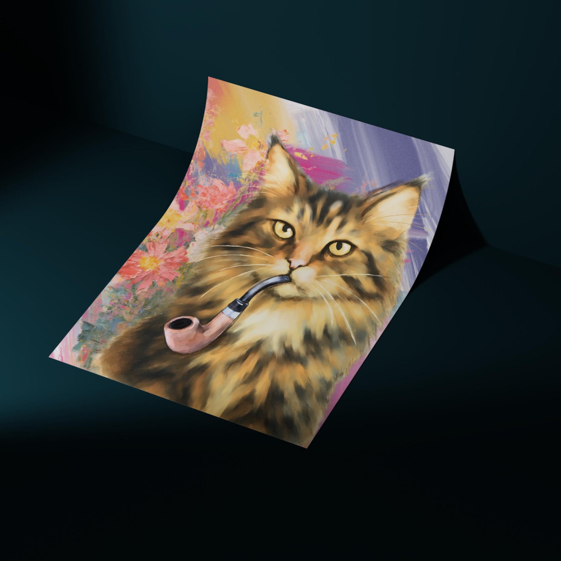 Cat Art Print, Cat Smoking Pipe, Quirky Wall Art A4 Poster, Weird Home Decor