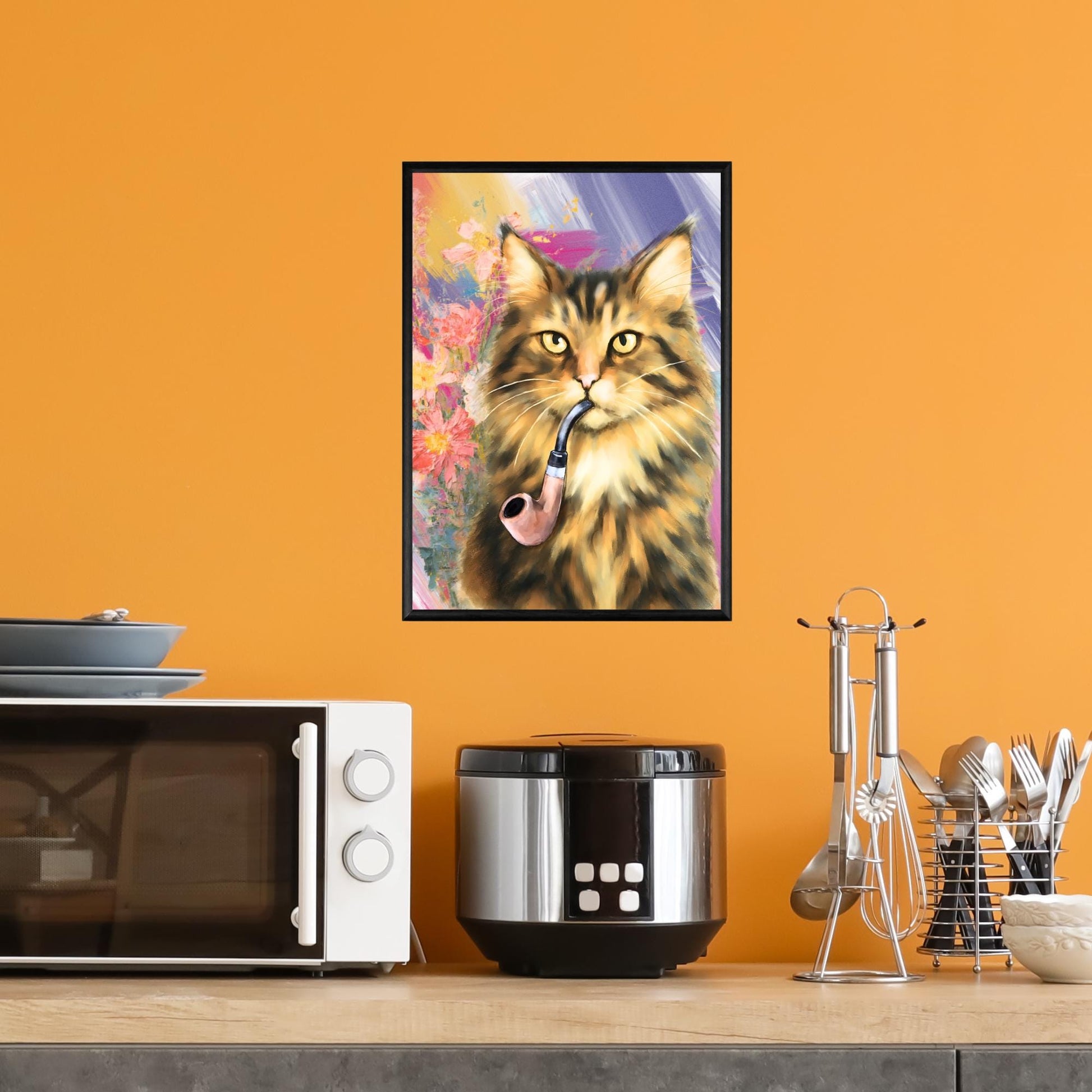 Cat Art Print, Cat Smoking Pipe, Quirky Wall Art A4 Poster, Weird Home Decor