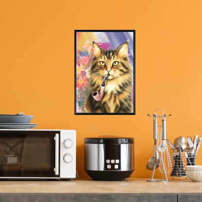 Cat Art Print, Cat Smoking Pipe, Quirky Wall Art A4 Poster, Weird Home Decor