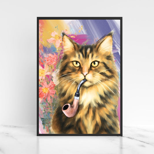Cat Art Print, Cat Smoking Pipe, Quirky Wall Art A4 Poster, Weird Home Decor