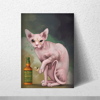 Sphynx Cat Art Print, Hairless Cat Smoking, Quirky Wall Art A4 Poster, Weird Home Decor