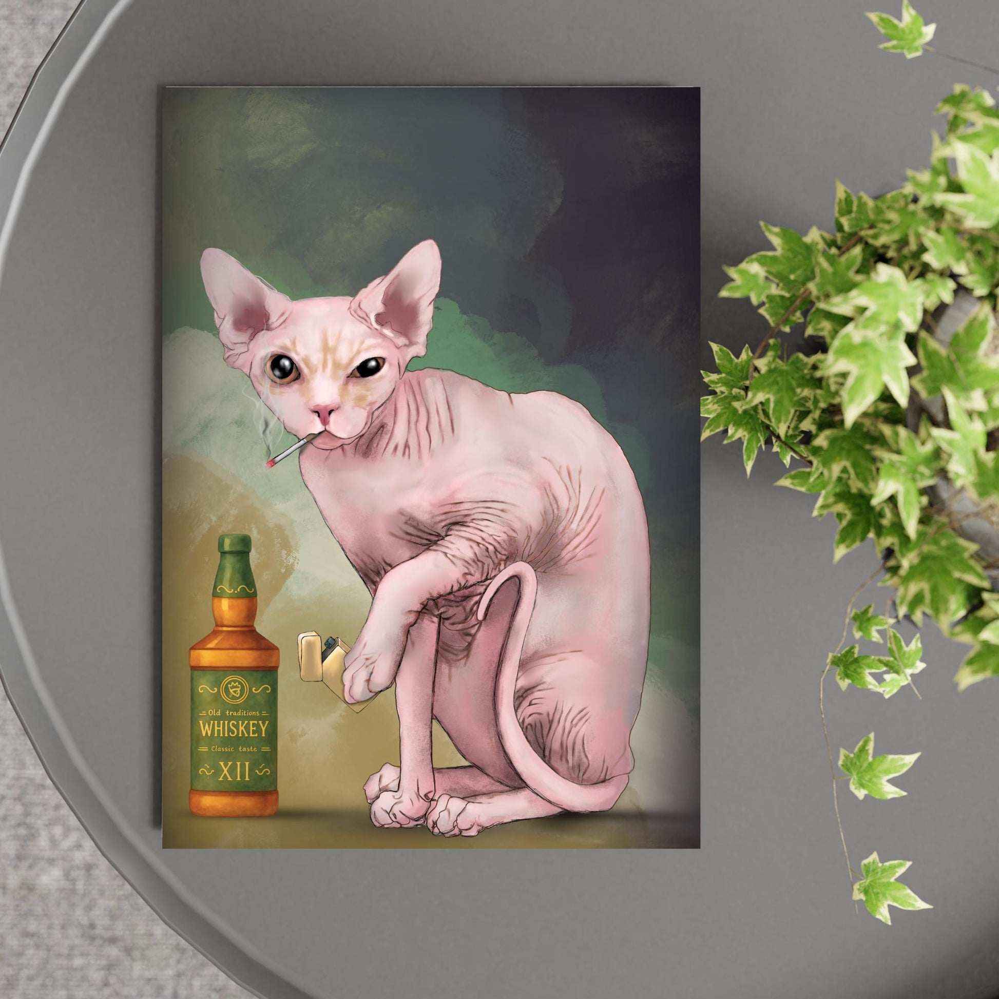 Sphynx Cat Art Print, Hairless Cat Smoking, Quirky Wall Art A4 Poster, Weird Home Decor
