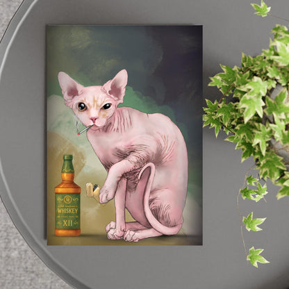 Sphynx Cat Art Print, Hairless Cat Smoking, Quirky Wall Art A4 Poster, Weird Home Decor