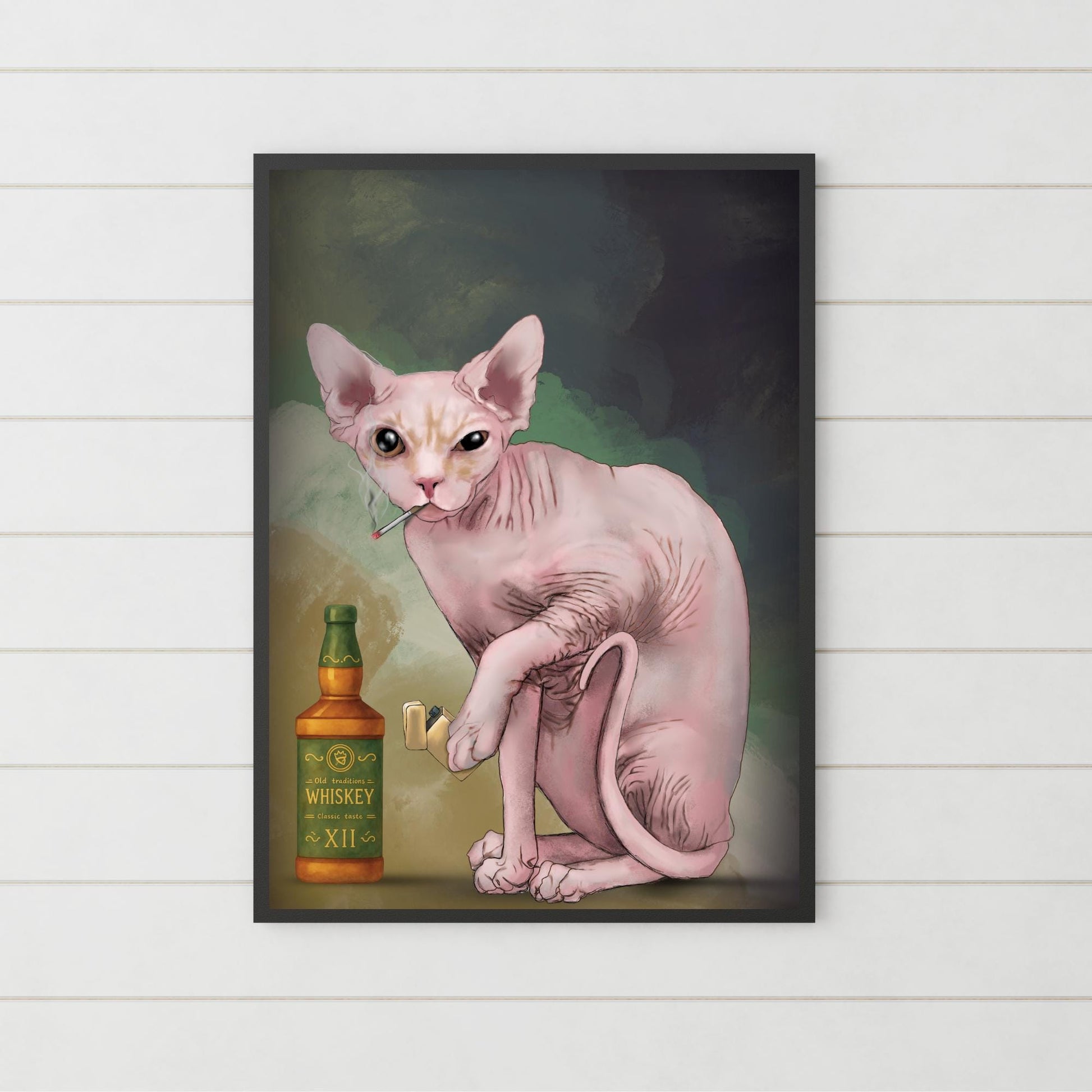 Sphynx Cat Art Print, Hairless Cat Smoking, Quirky Wall Art A4 Poster, Weird Home Decor