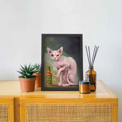 Sphynx Cat Art Print, Hairless Cat Smoking, Quirky Wall Art A4 Poster, Weird Home Decor