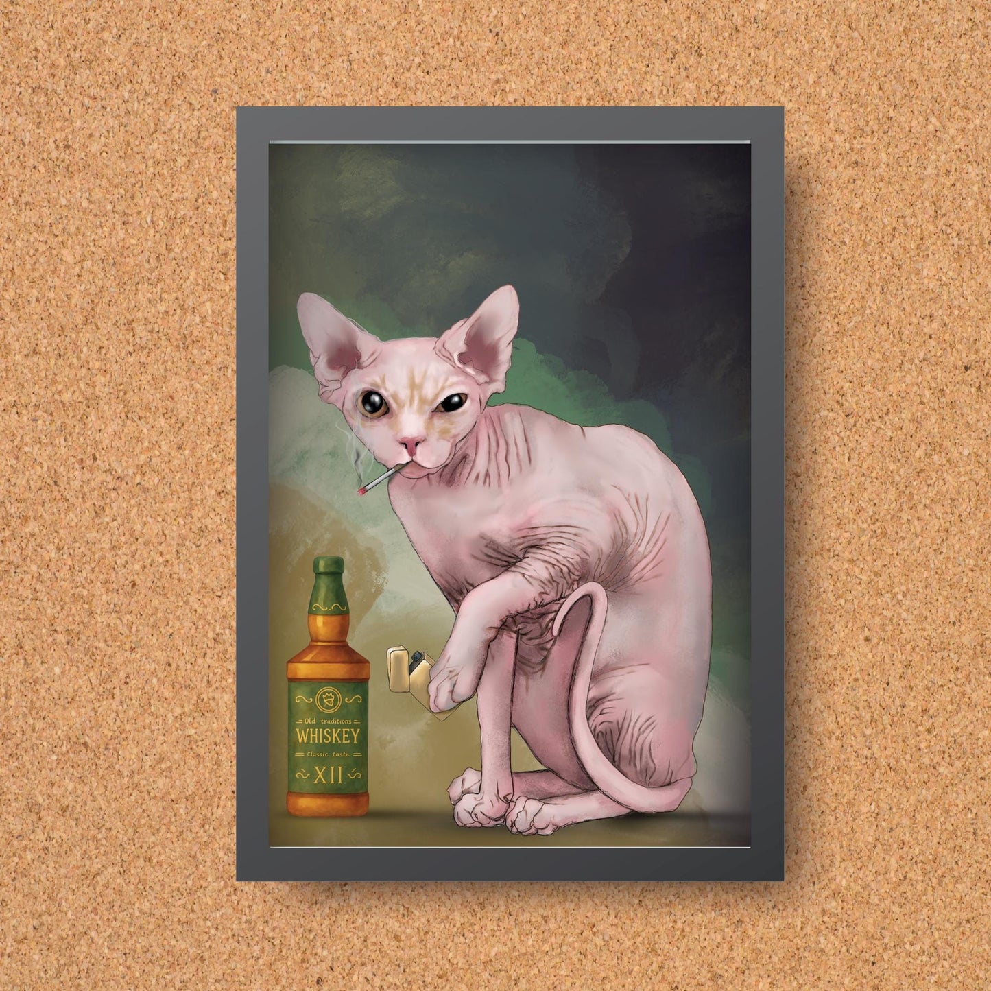 Sphynx Cat Art Print, Hairless Cat Smoking, Quirky Wall Art A4 Poster, Weird Home Decor