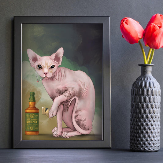 Sphynx Cat Art Print, Hairless Cat Smoking, Quirky Wall Art A4 Poster, Weird Home Decor