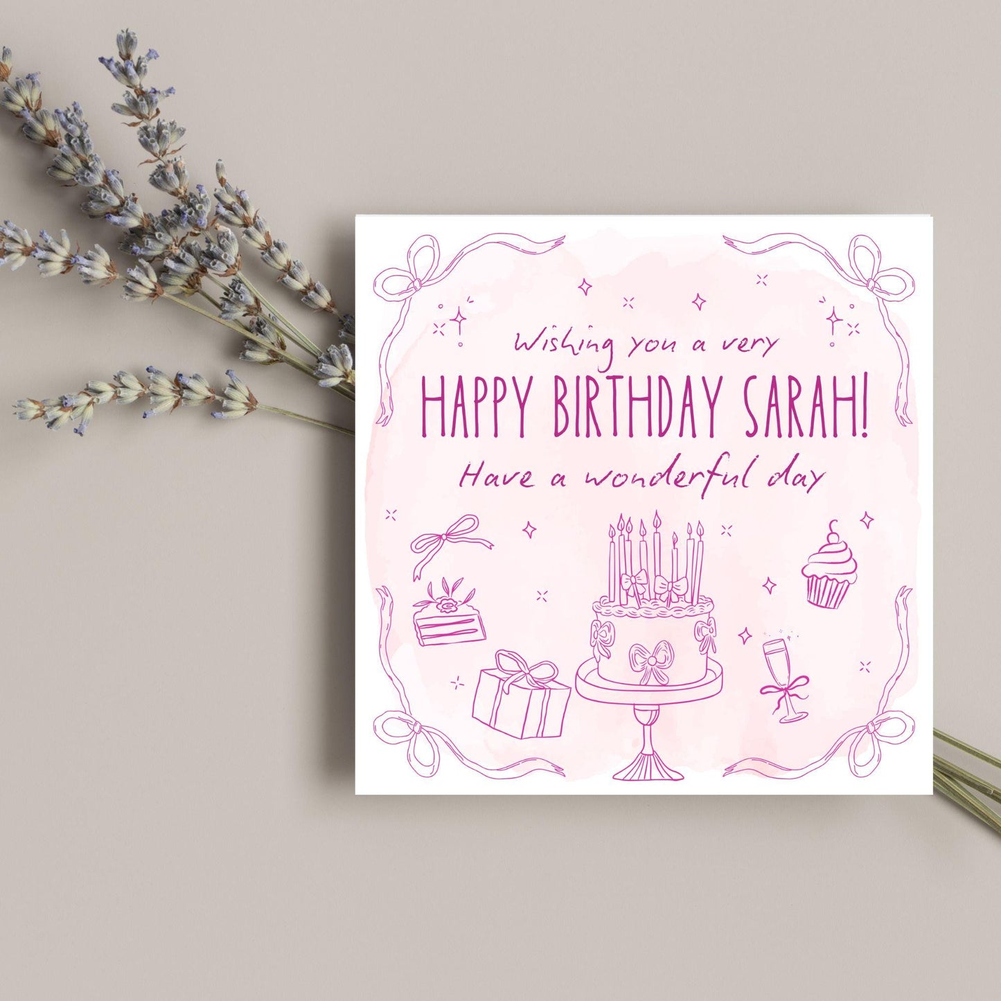 Personalised Birthday Card, Card for Sister, Girly Card, Choice of Colours and Messages, Card for Friend