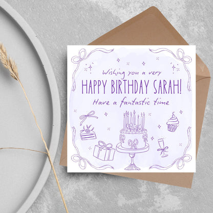 Personalised Birthday Card, Card for Sister, Girly Card, Choice of Colours and Messages, Card for Friend