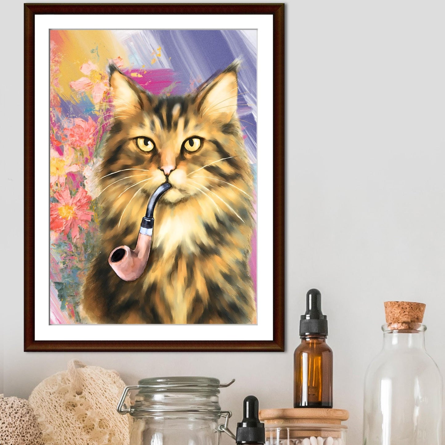 Cat Art Print, Cat Smoking Pipe, Quirky Wall Art A4 Poster, Weird Home Decor