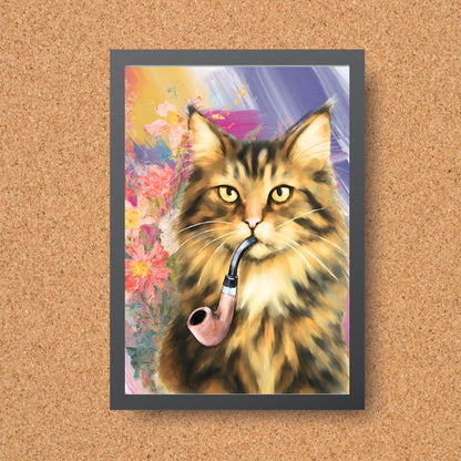 Cat Art Print, Cat Smoking Pipe, Quirky Wall Art A4 Poster, Weird Home Decor