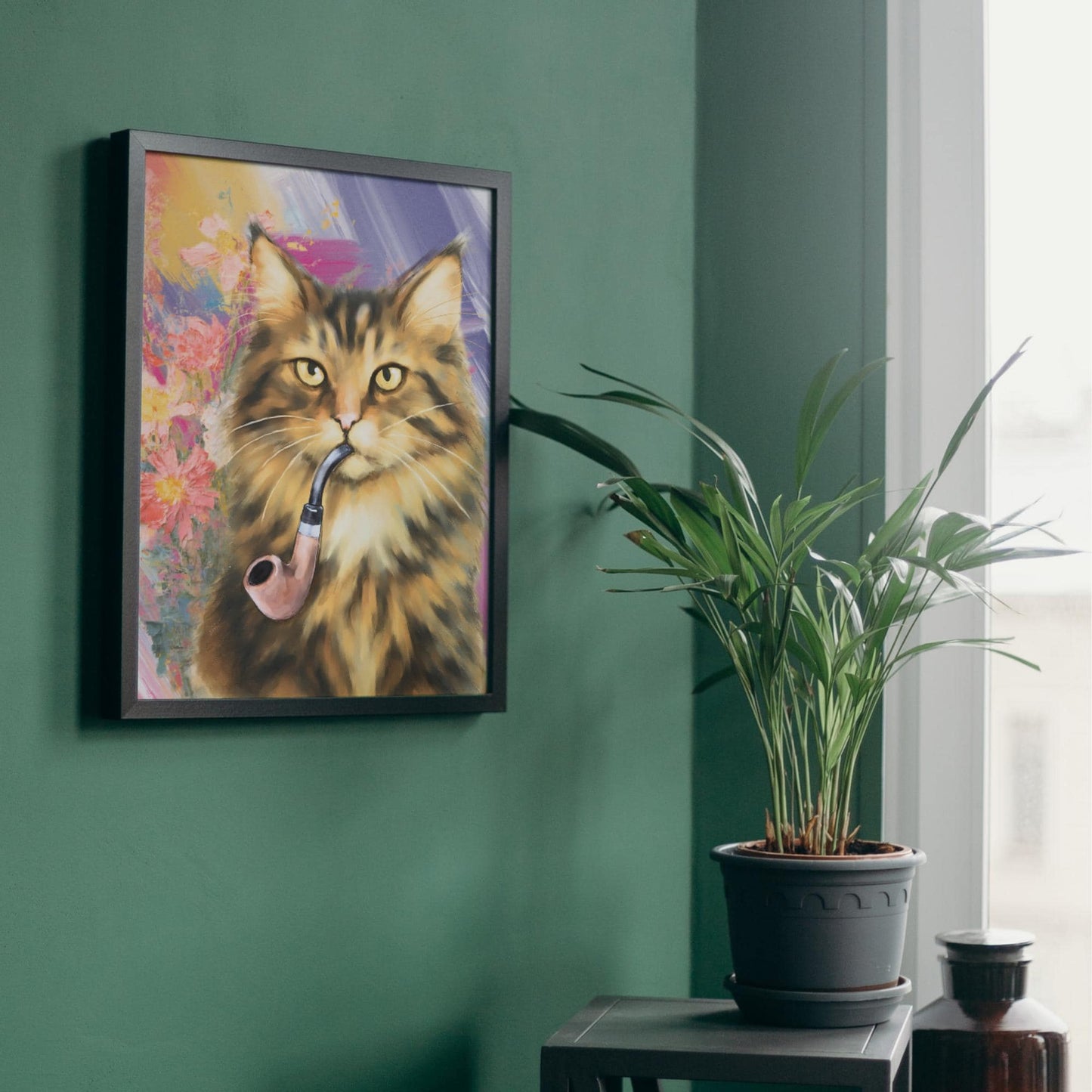 Cat Art Print, Cat Smoking Pipe, Quirky Wall Art A4 Poster, Weird Home Decor