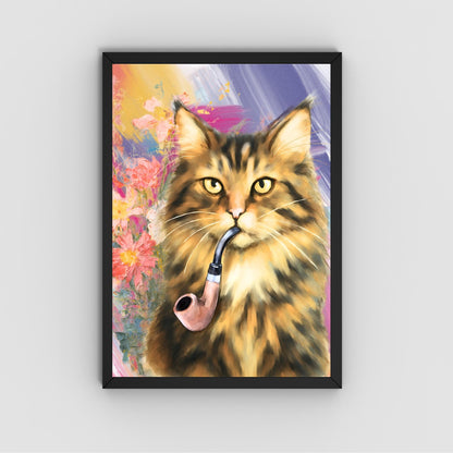 Cat Art Print, Cat Smoking Pipe, Quirky Wall Art A4 Poster, Weird Home Decor