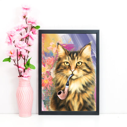 Cat Art Print, Cat Smoking Pipe, Quirky Wall Art A4 Poster, Weird Home Decor