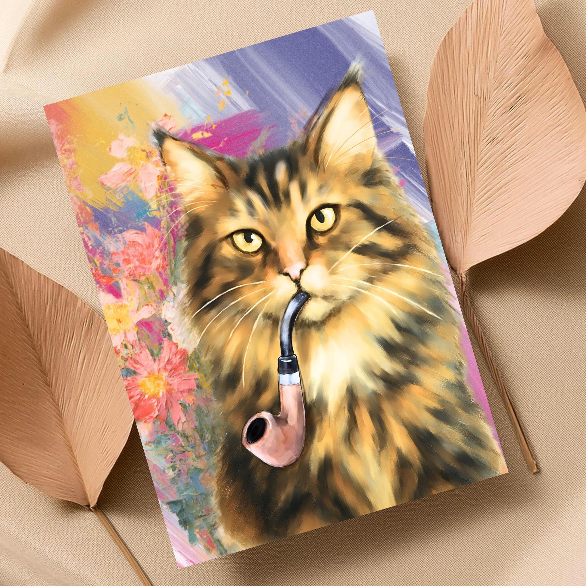 Cat Art Print, Cat Smoking Pipe, Quirky Wall Art A4 Poster, Weird Home Decor