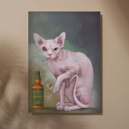 Sphynx Cat Art Print, Hairless Cat Smoking, Quirky Wall Art A4 Poster, Weird Home Decor