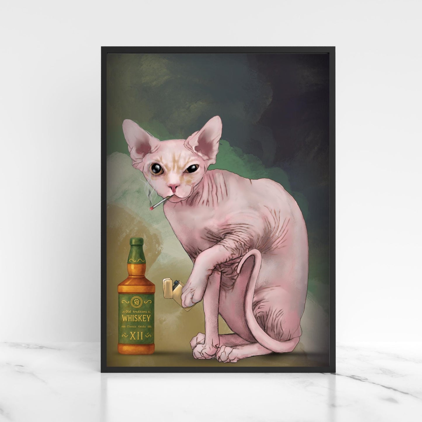 Sphynx Cat Art Print, Hairless Cat Smoking, Quirky Wall Art A4 Poster, Weird Home Decor
