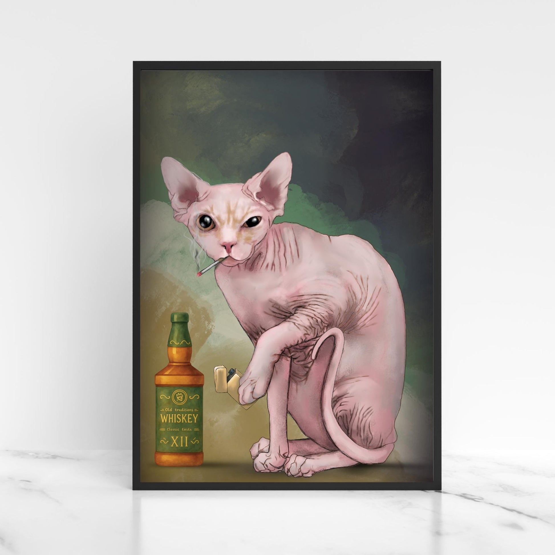 Sphynx Cat Art Print, Hairless Cat Smoking, Quirky Wall Art A4 Poster, Weird Home Decor
