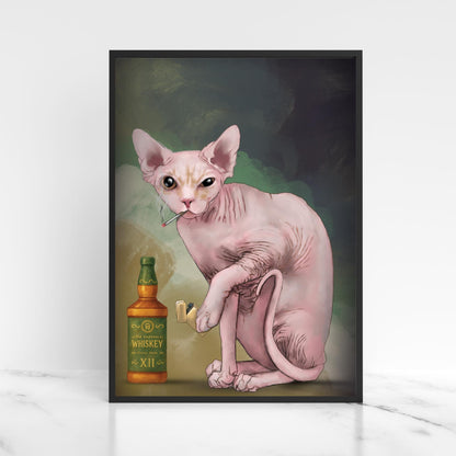 Sphynx Cat Art Print, Hairless Cat Smoking, Quirky Wall Art A4 Poster, Weird Home Decor