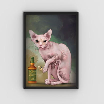 Sphynx Cat Art Print, Hairless Cat Smoking, Quirky Wall Art A4 Poster, Weird Home Decor