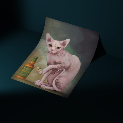 Sphynx Cat Art Print, Hairless Cat Smoking, Quirky Wall Art A4 Poster, Weird Home Decor