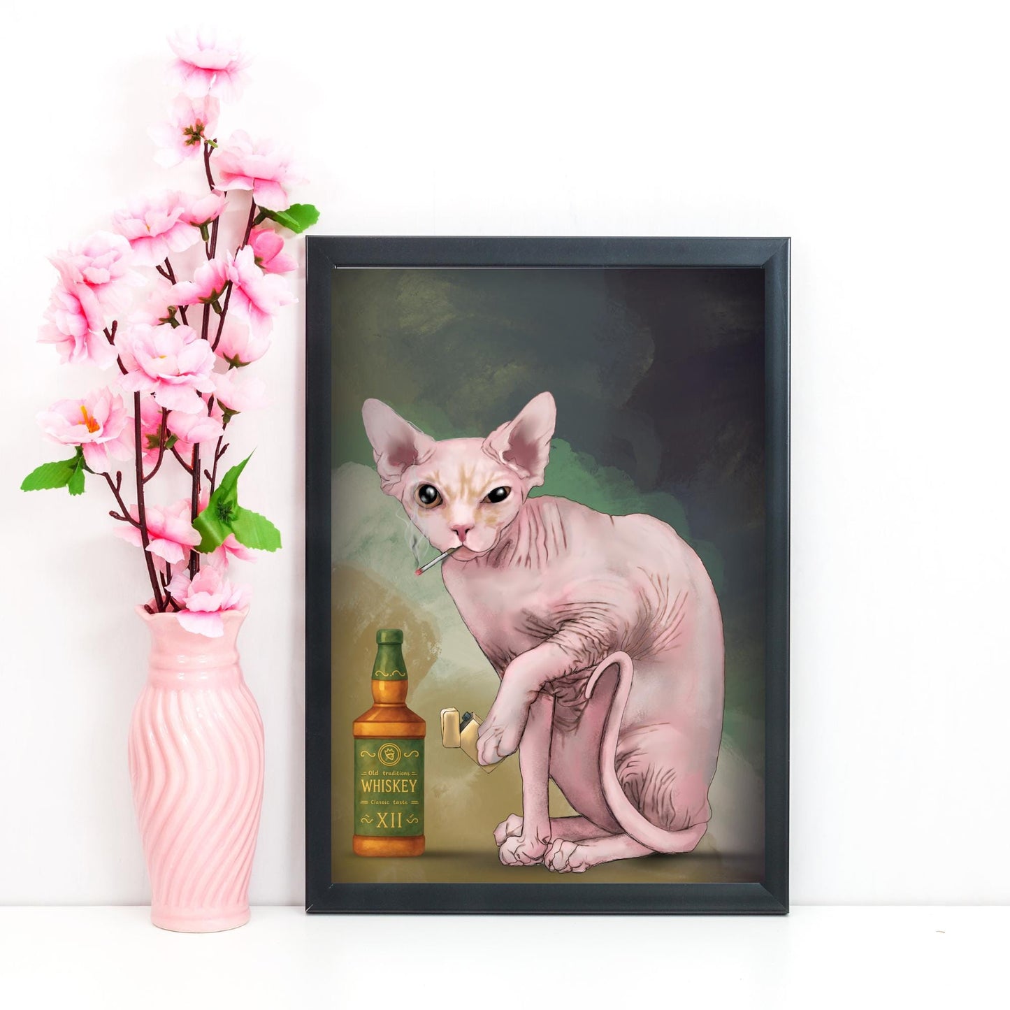 Sphynx Cat Art Print, Hairless Cat Smoking, Quirky Wall Art A4 Poster, Weird Home Decor