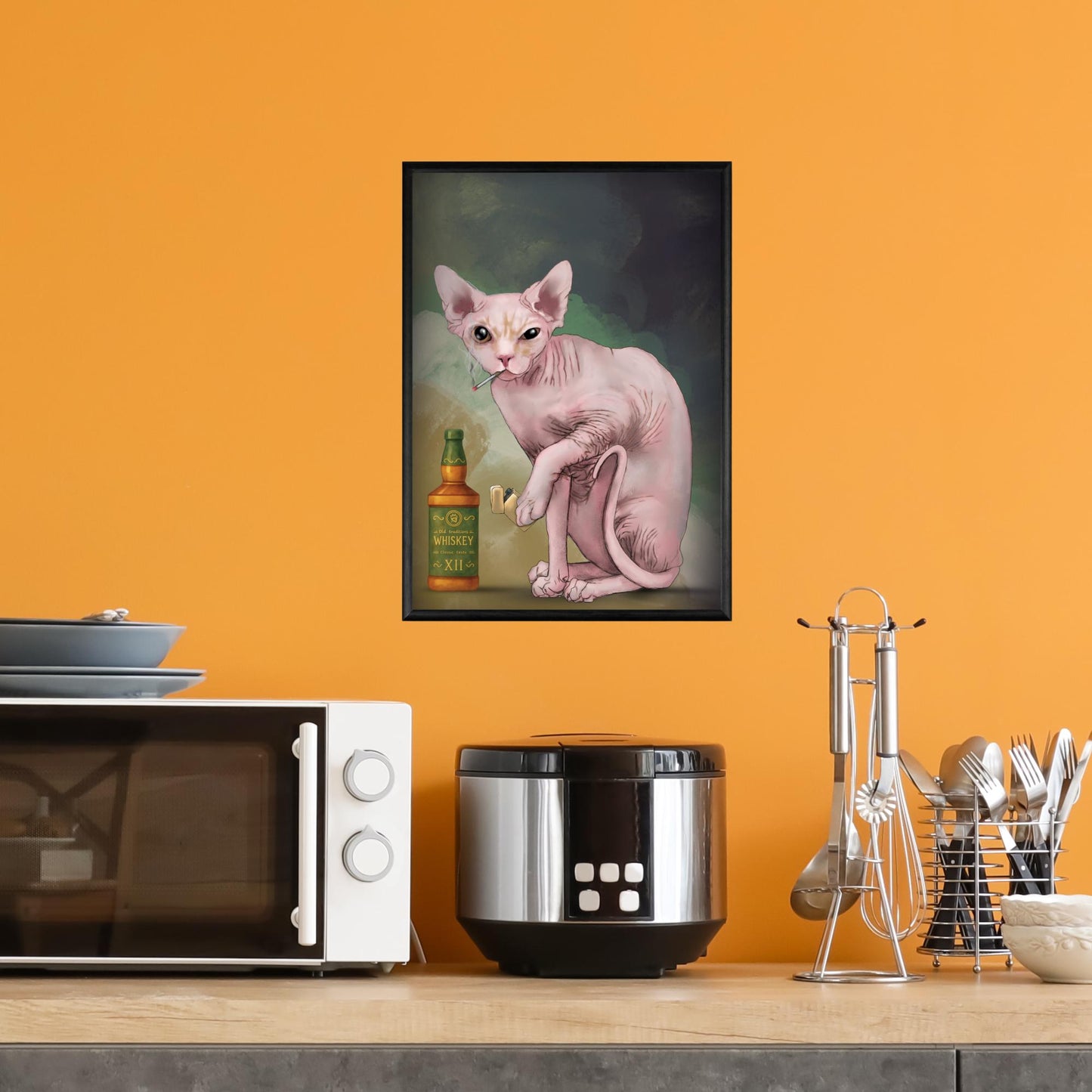Sphynx Cat Art Print, Hairless Cat Smoking, Quirky Wall Art A4 Poster, Weird Home Decor