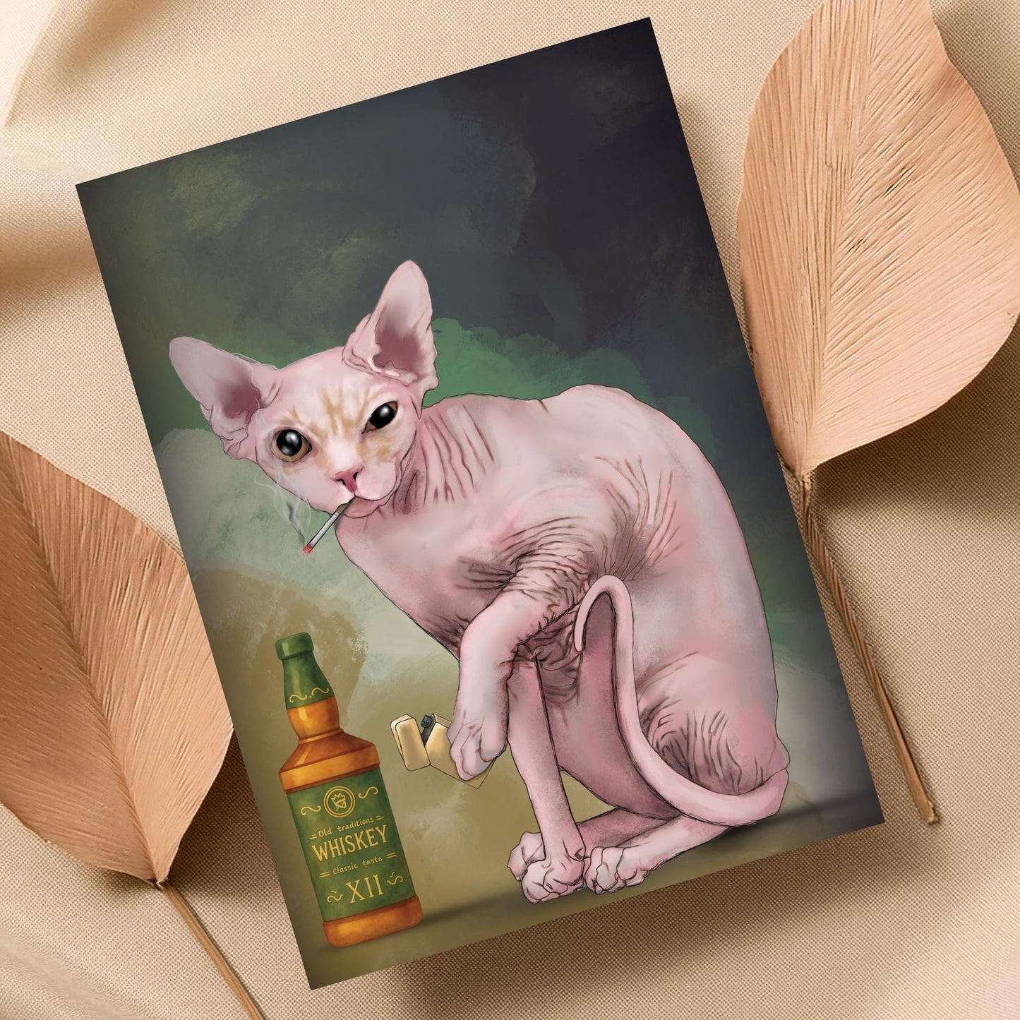 Sphynx Cat Art Print, Hairless Cat Smoking, Quirky Wall Art A4 Poster, Weird Home Decor