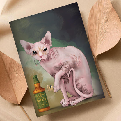 Sphynx Cat Art Print, Hairless Cat Smoking, Quirky Wall Art A4 Poster, Weird Home Decor