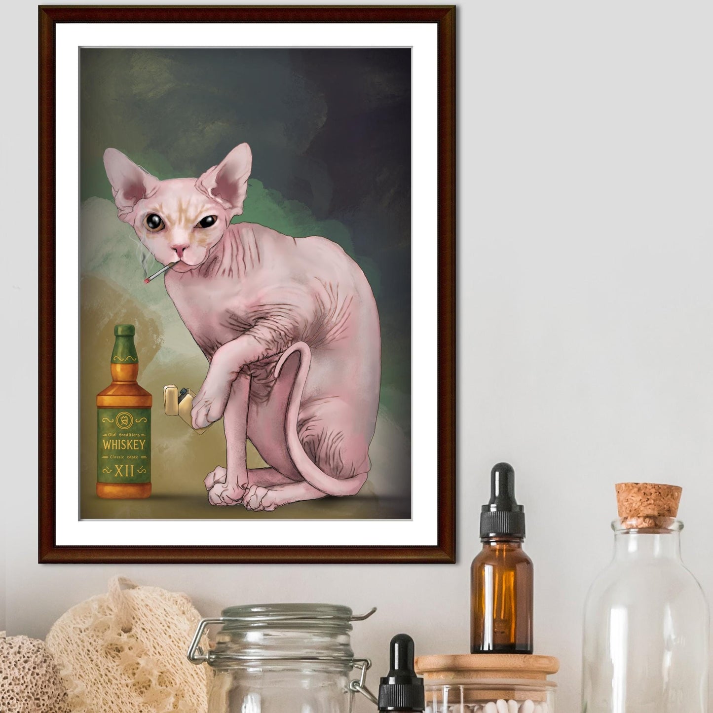 Sphynx Cat Art Print, Hairless Cat Smoking, Quirky Wall Art A4 Poster, Weird Home Decor