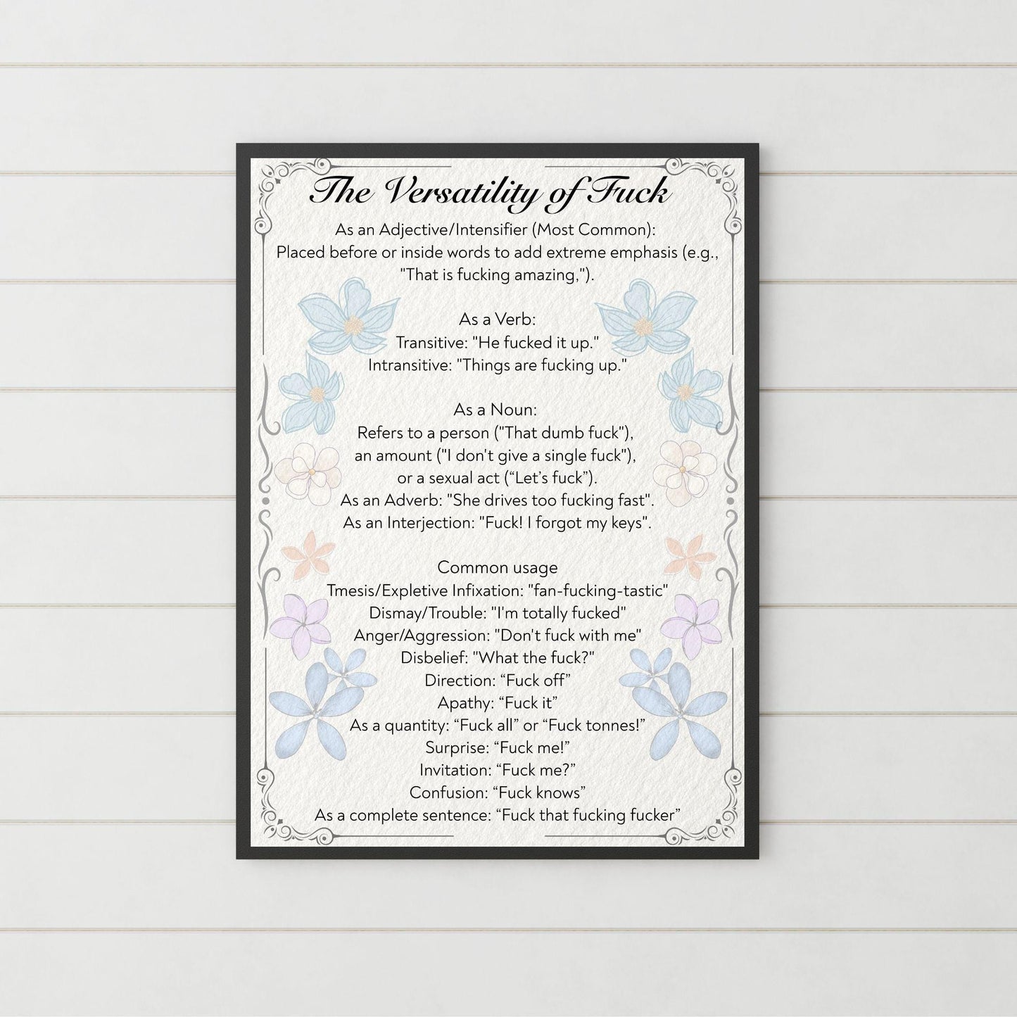 Rude Poster, Grammar uses of the word F**k, Etymology Lexicology Print, Quirky Wall Art, A4 Poster Print, Funny Gift