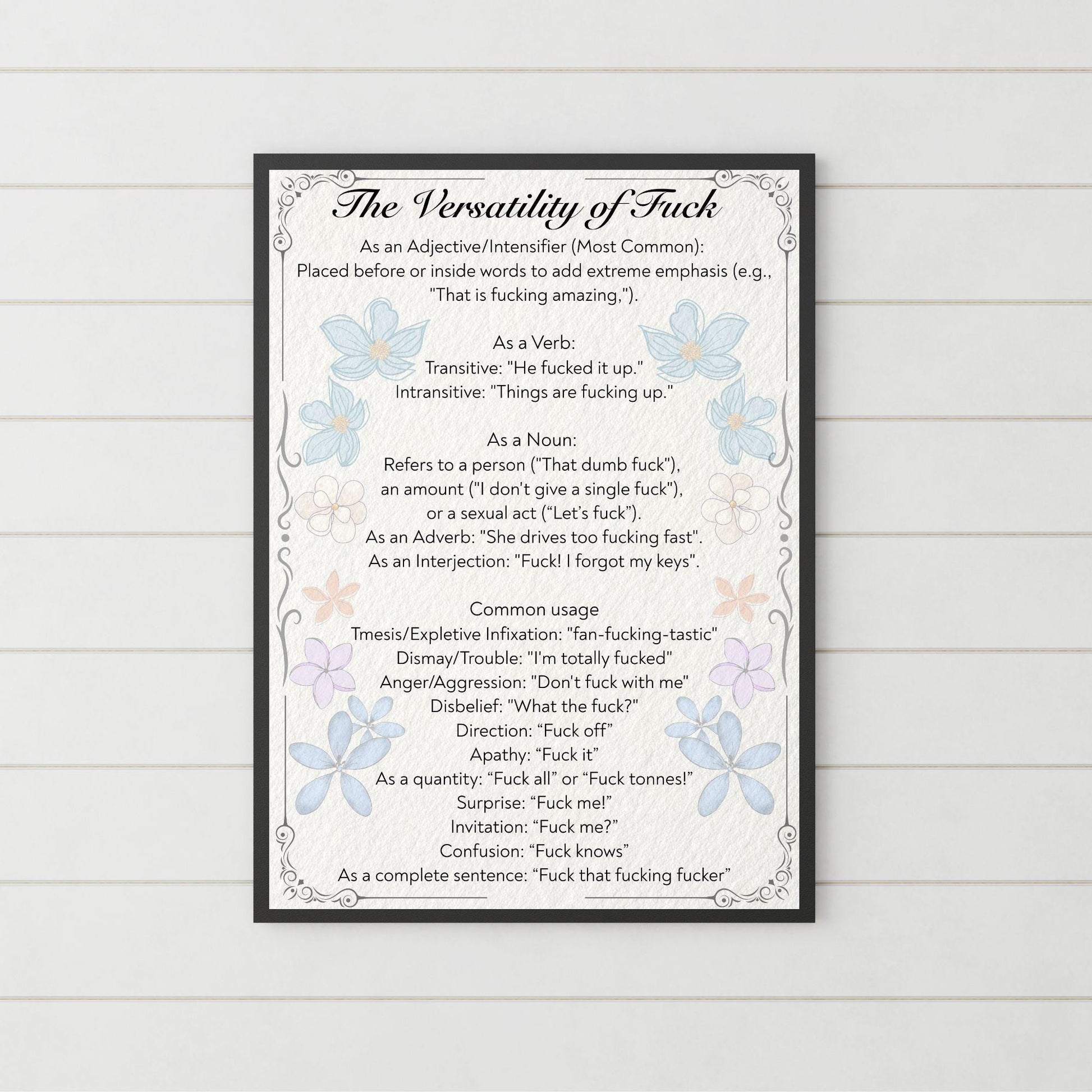 Rude Poster, Grammar uses of the word F**k, Etymology Lexicology Print, Quirky Wall Art, A4 Poster Print, Funny Gift