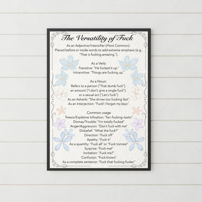 Rude Poster, Grammar uses of the word F**k, Etymology Lexicology Print, Quirky Wall Art, A4 Poster Print, Funny Gift