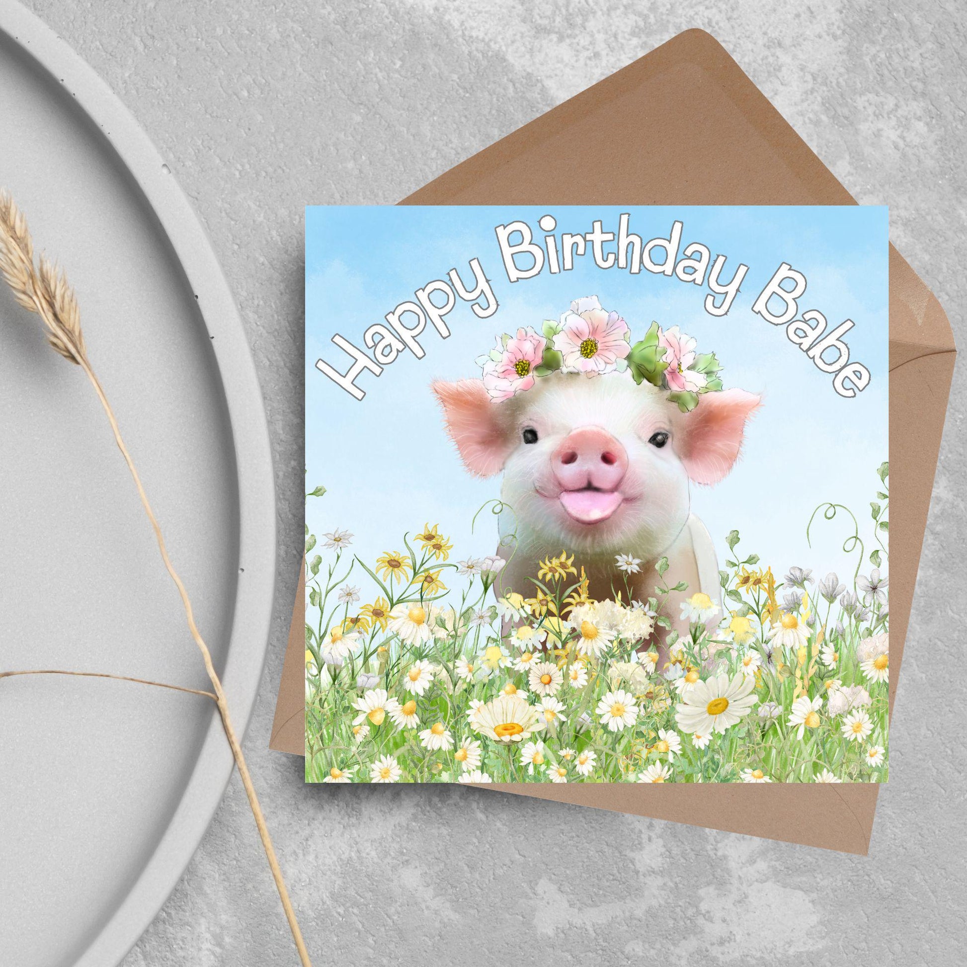 Pig Birthday Card for Girlfriend, For Wife, Piglet Card, Happy Birthday Babe, Cute Pig Lover Gift
