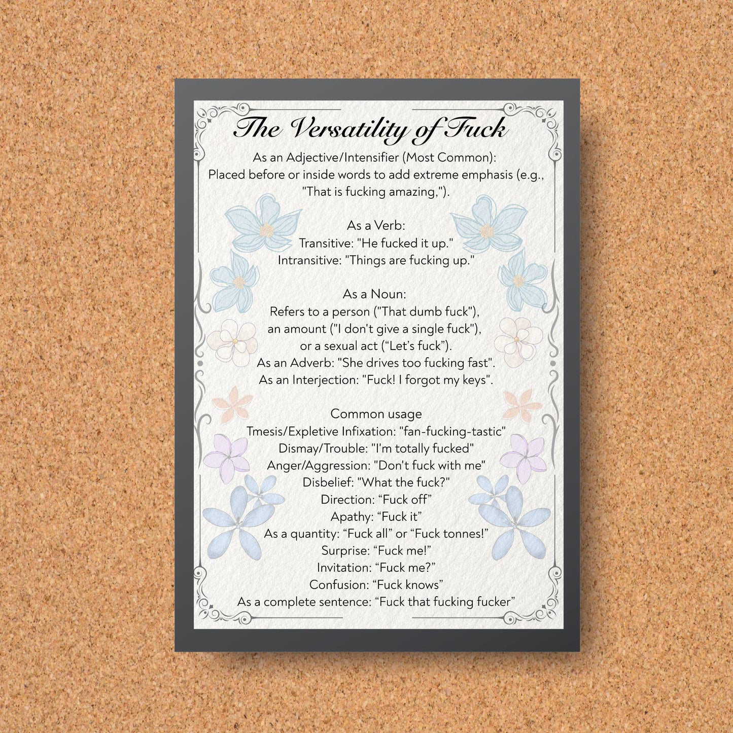 Rude Poster, Grammar uses of the word F**k, Etymology Lexicology Print, Quirky Wall Art, A4 Poster Print, Funny Gift