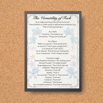 Rude Poster, Grammar uses of the word F**k, Etymology Lexicology Print, Quirky Wall Art, A4 Poster Print, Funny Gift