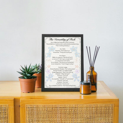 Rude Poster, Grammar uses of the word F**k, Etymology Lexicology Print, Quirky Wall Art, A4 Poster Print, Funny Gift