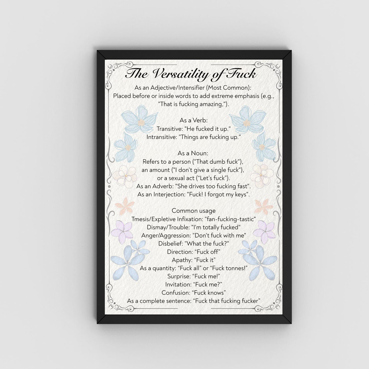 Rude Poster, Grammar uses of the word F**k, Etymology Lexicology Print, Quirky Wall Art, A4 Poster Print, Funny Gift