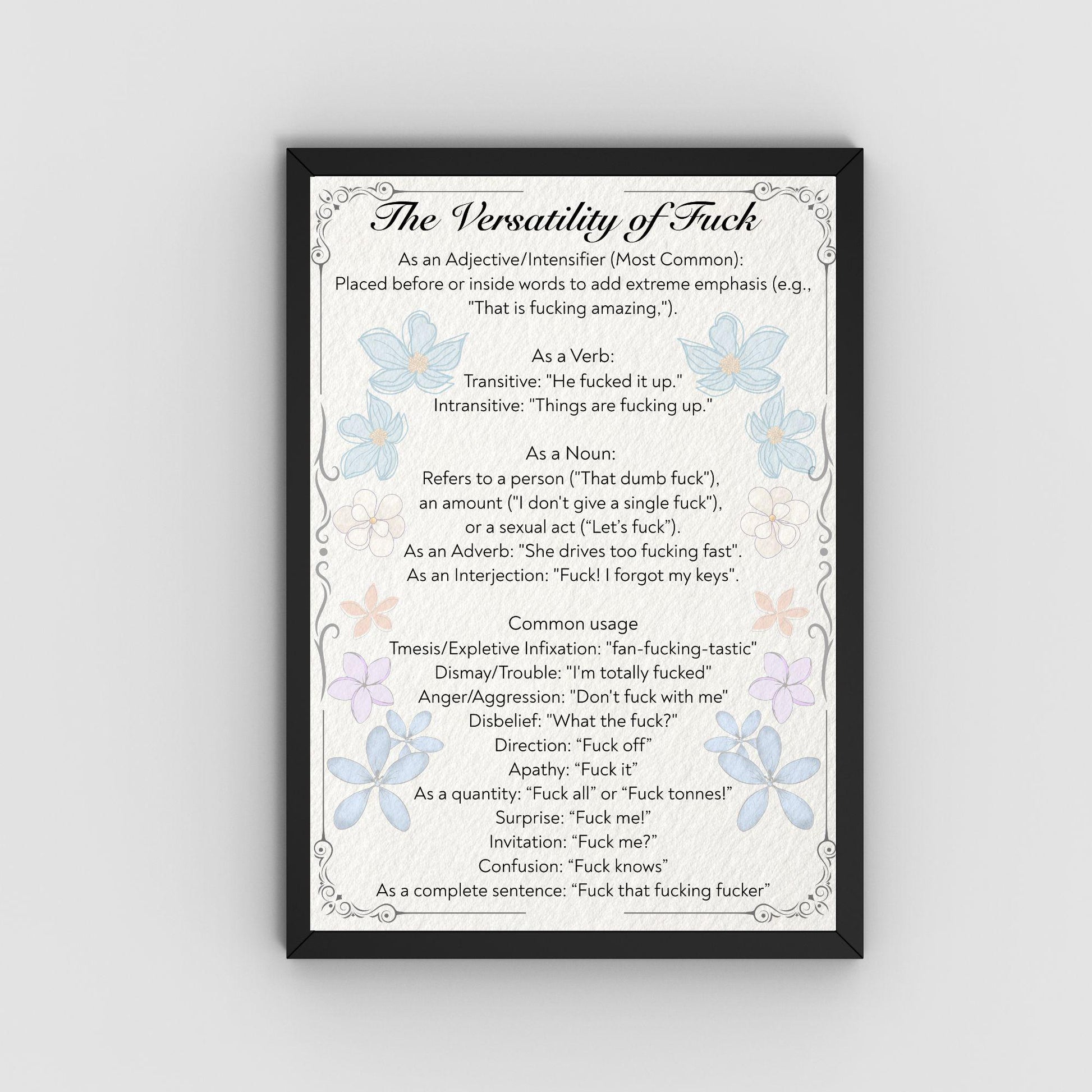 Rude Poster, Grammar uses of the word F**k, Etymology Lexicology Print, Quirky Wall Art, A4 Poster Print, Funny Gift
