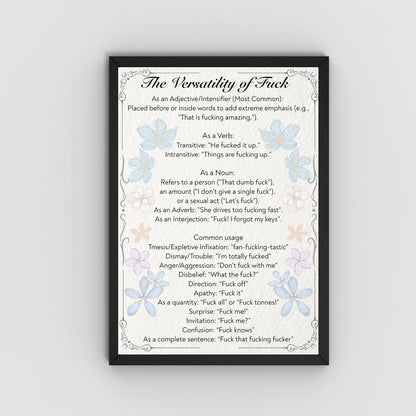 Rude Poster, Grammar uses of the word F**k, Etymology Lexicology Print, Quirky Wall Art, A4 Poster Print, Funny Gift