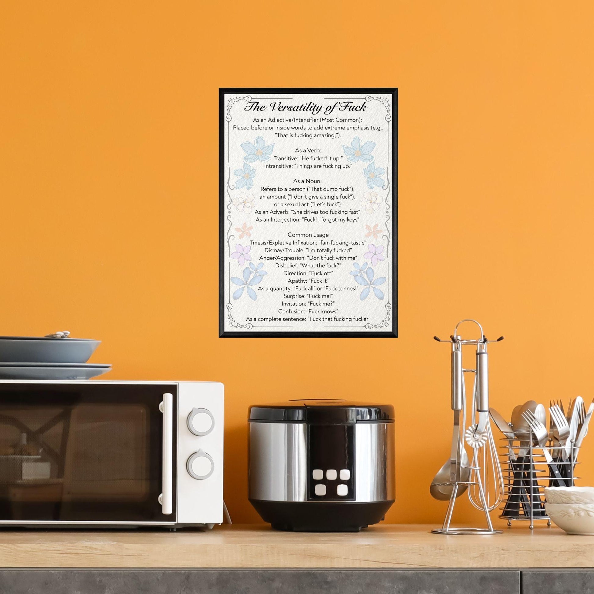Rude Poster, Grammar uses of the word F**k, Etymology Lexicology Print, Quirky Wall Art, A4 Poster Print, Funny Gift