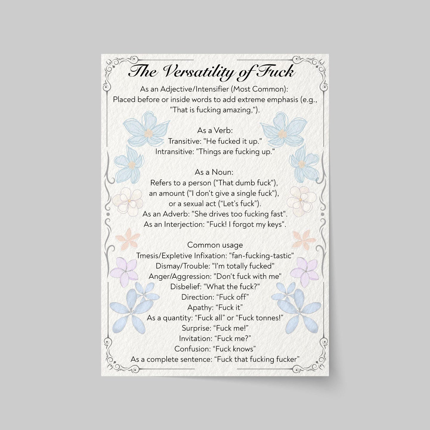 Rude Poster, Grammar uses of the word F**k, Etymology Lexicology Print, Quirky Wall Art, A4 Poster Print, Funny Gift