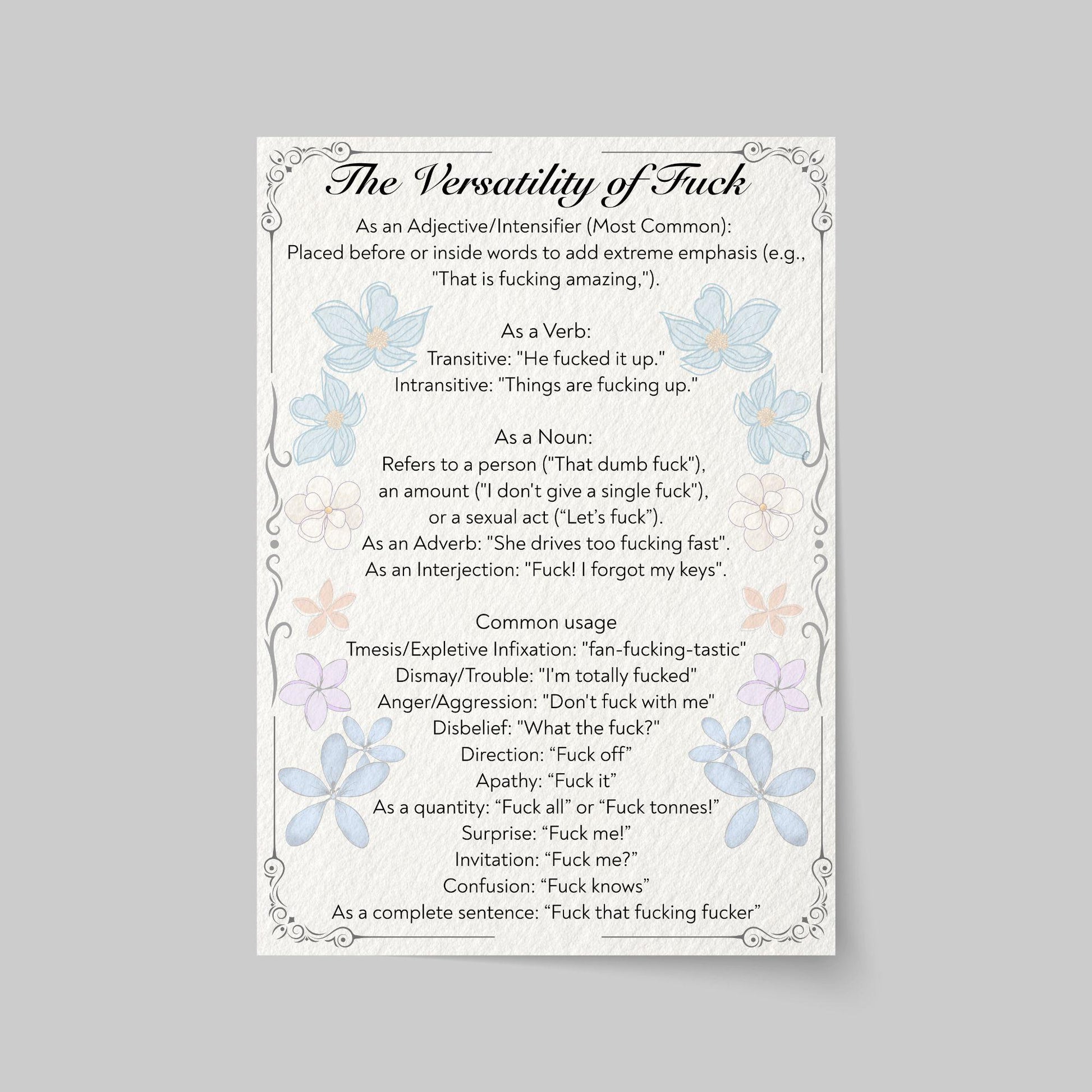Rude Poster, Grammar uses of the word F**k, Etymology Lexicology Print, Quirky Wall Art, A4 Poster Print, Funny Gift