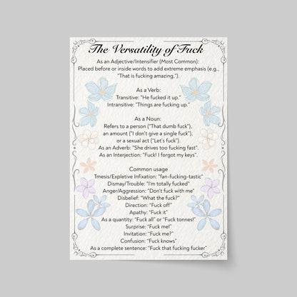 Rude Poster, Grammar uses of the word F**k, Etymology Lexicology Print, Quirky Wall Art, A4 Poster Print, Funny Gift