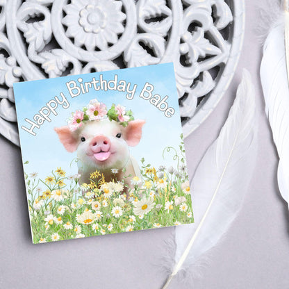 Pig Birthday Card for Girlfriend, For Wife, Piglet Card, Happy Birthday Babe, Cute Pig Lover Gift