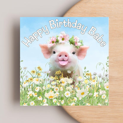Pig Birthday Card for Girlfriend, For Wife, Piglet Card, Happy Birthday Babe, Cute Pig Lover Gift