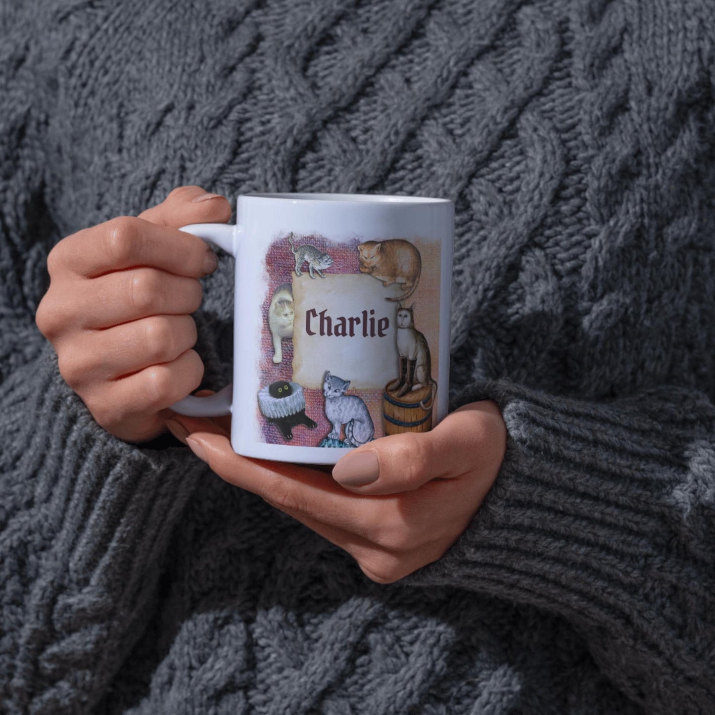 Personalised Medieval Cat Mug, Ugly Cats, Marginalia, Funny Custom Name Coffee Cup - Multi Colour Options
