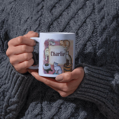 Personalised Medieval Cat Mug, Ugly Cats, Marginalia, Funny Custom Name Coffee Cup - Multi Colour Options